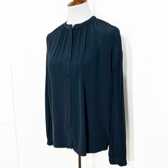 Something Navy Draped Pleated Long Sleeve Navy Blue Buttondown Blouse Top Small - Picture 5 of 12